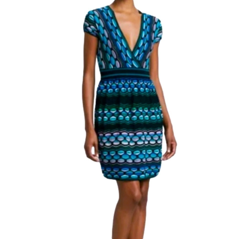 M by Missoni Blue and Teal Patterned V-Neck Dress